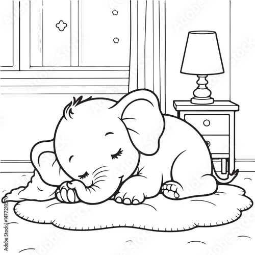 Cute cartoon baby elephant sleeping peacefully on a rug in a room with a window and bedside lamp. Black and white line art illustration. Sweet dreams.