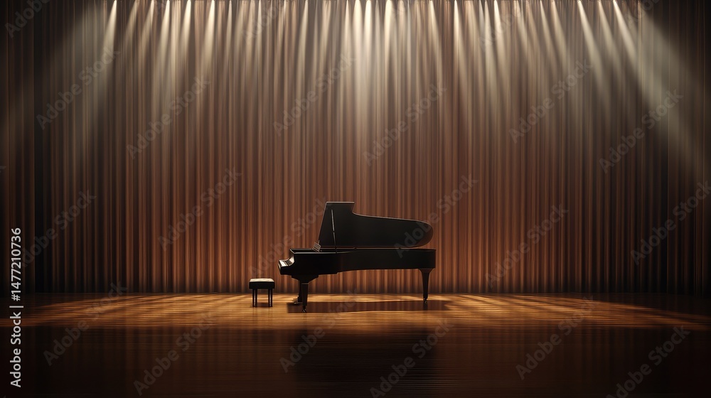 Obraz premium Dramatically lit grand piano casting soft reflections on a glossy wooden stage