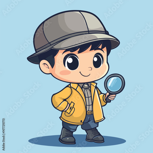 Detective boy mascot cute cartoon no details solid background bright