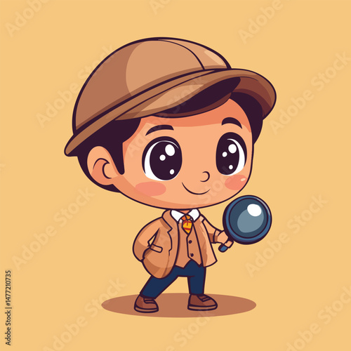 Detective boy mascot cute cartoon no details solid background bright