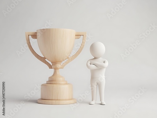 3D figure with arms crossed standing beside a large wooden trophy, symbolizing achievement and success. Minimalist and clean design. .