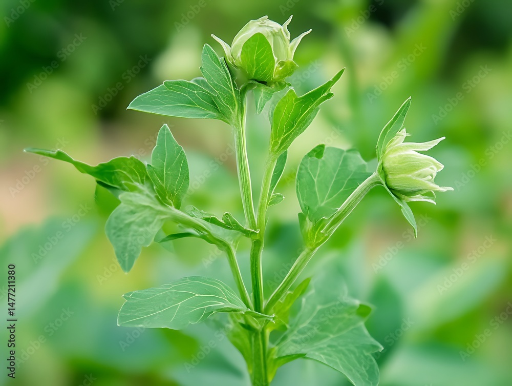 Obraz premium Plant, opium poppy and growth in garden for herbs, medicine and drugs in green background. Outdoor, breadseed head or flower closeup at farm for agriculture production, ecology or .