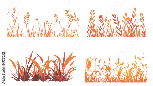 Set of abstract orange grass shapes in vector graphic style with no background, featuring stylized plant silhouettes, nature-inspired organic elements, and decorative botanical forms 