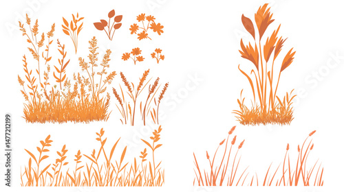 Set of abstract orange grass shapes in vector graphic style with no background, featuring stylized plant silhouettes, nature-inspired organic elements, and decorative botanical forms 