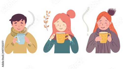 Group of diverse people enjoying hot tea together in a cozy setting, flat vector illustration showing tea culture, social gathering, relaxation, warm beverages, and friendly interaction around cups 