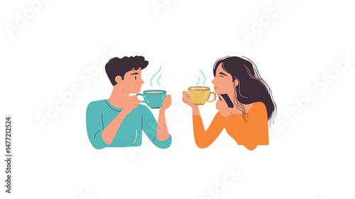 Group of diverse people enjoying hot tea together in a cozy setting, flat vector illustration showing tea culture, social gathering, relaxation, warm beverages, and friendly interaction around cups 