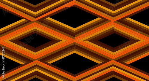 A vibrant seamless geometric pattern featuring interlocking V-shapes and diamond forms in warm shades of orange, yellow, brown, and black, creating a dynamic, layered design.