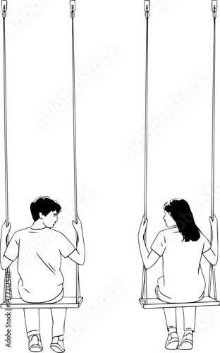  Stylized Boy & Girl  sitting on swings line art vector , Minimalist Swing Set Couple , transparent background 