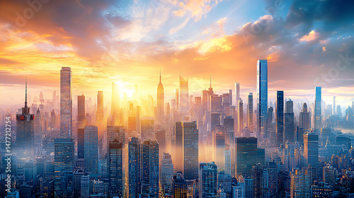 Beautiful modern capital view with skyscrapers at sunset