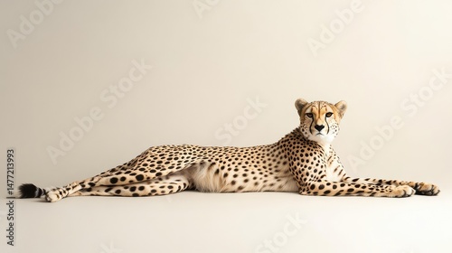 Full-length cheetah lying down gracefully, isolated in a bright high-key environment