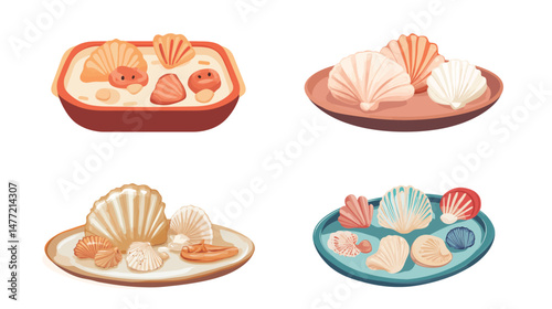 Vector graphic design of a resin tray embedded with natural seashells, decorative handcrafted organizer, coastal style home accessory, elegant and artistic flat illustration