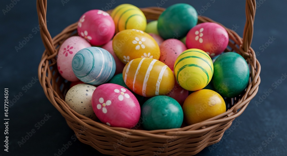 Naklejka premium Colorful Easter Eggs in Brown Wicker Basket