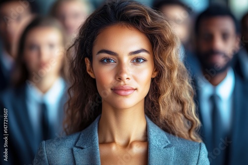 Wallpaper Mural Confident Businesswoman in Professional Attire Surrounded by Colleagues in Corporate Setting, Focused and Empowered Expression Torontodigital.ca