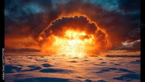 Massive explosion forming a large fireball with smoke rising above the surface.