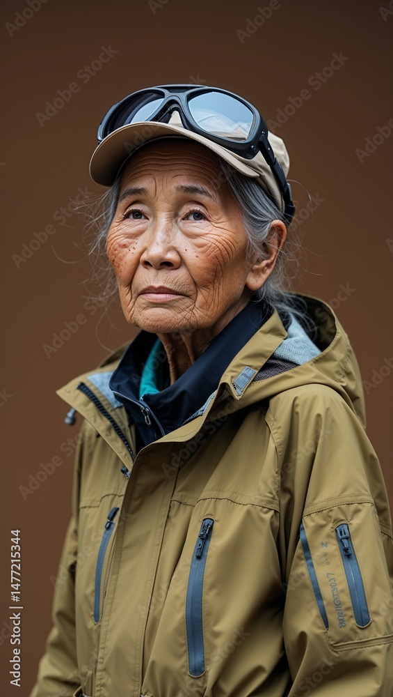 Fototapeta premium Vietnamese female elderly wearing functional outdoorwear on a mud brown background