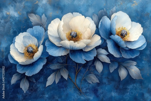 Fototapeta Naklejka Na Ścianę i Meble -  Vibrant blue and white peonies bloom against a textured blue background with golden accents