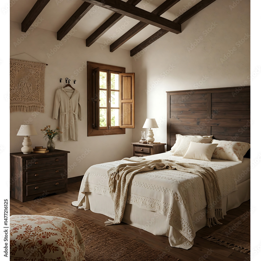 Fototapeta premium A rustic and cozy bedroom with a wooden bed, neutral bedding, wooden furniture, and sunlight streaming through a window with wooden shutters