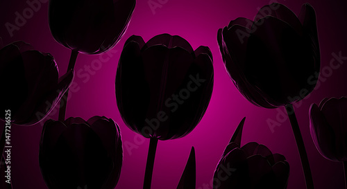 A dramatic and artistic view of dark tulip silhouettes standing out against a vibrant pink or magenta background with atmospheric lighting.