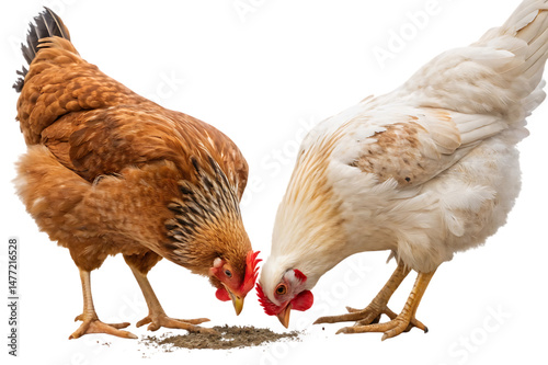 Two chickens pecking at food  photo