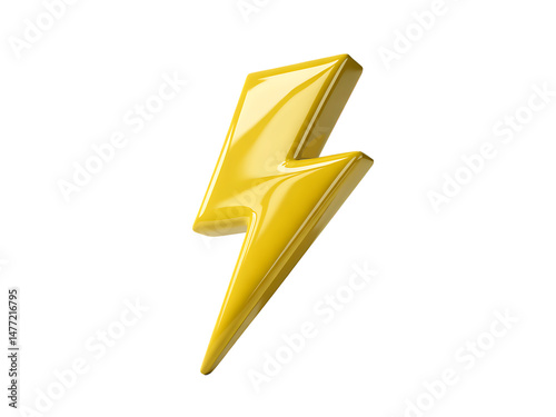 Glossy three dimensional yellow lightning bolt symbol icon for power energy and electricity concept