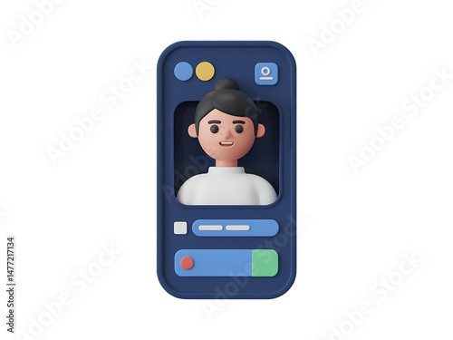 3d illustration of a female user profile interface on a smartphone screen