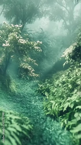 Serene forest path with lush greenery and sunlight
