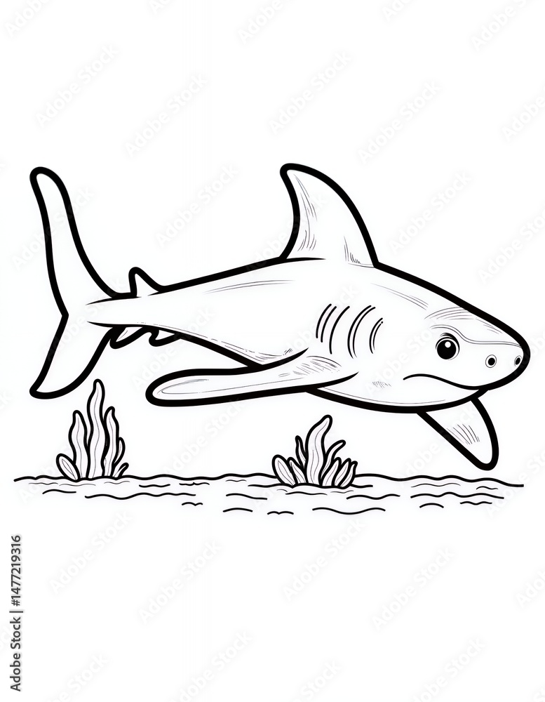 Obraz premium Black and White Shark Illustration Swimming Gracefully Over Seabed with Aquatic Plants Depicting Undersea Marine Life