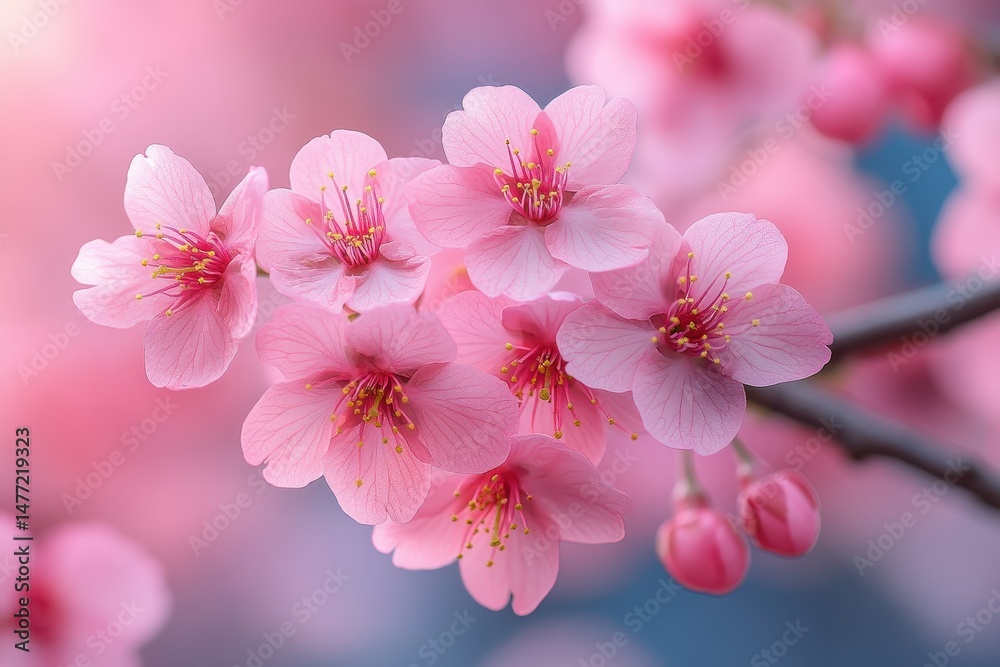 Obraz premium Beautiful cherry blossoms blooming in spring, showcasing delicate pink flowers and vibrant details during a sunny day in a serene garden