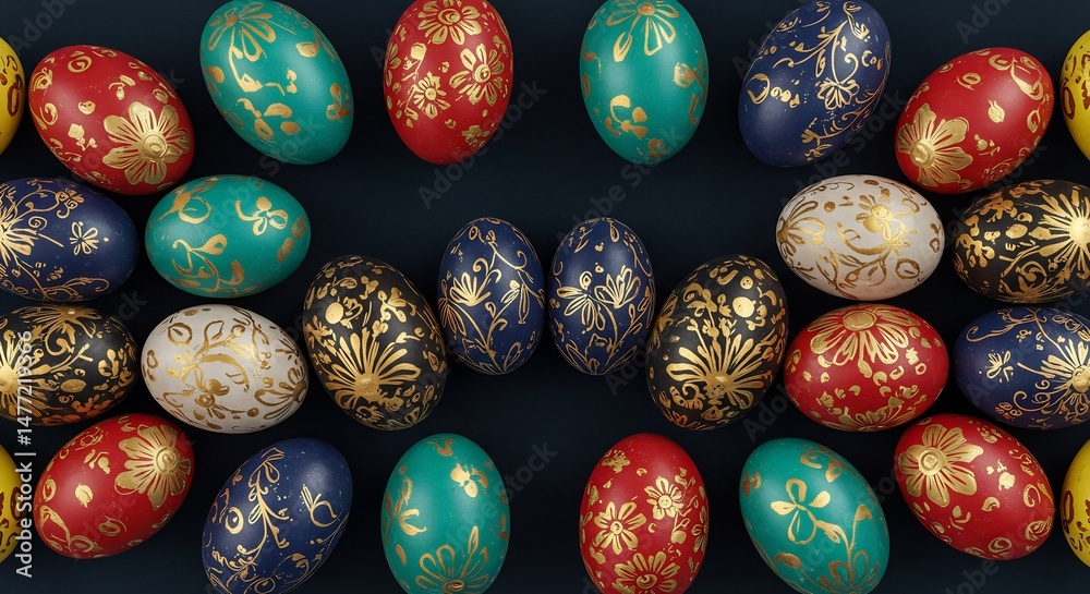 Fototapeta premium Colorful Ornate Easter Eggs on Dark Background