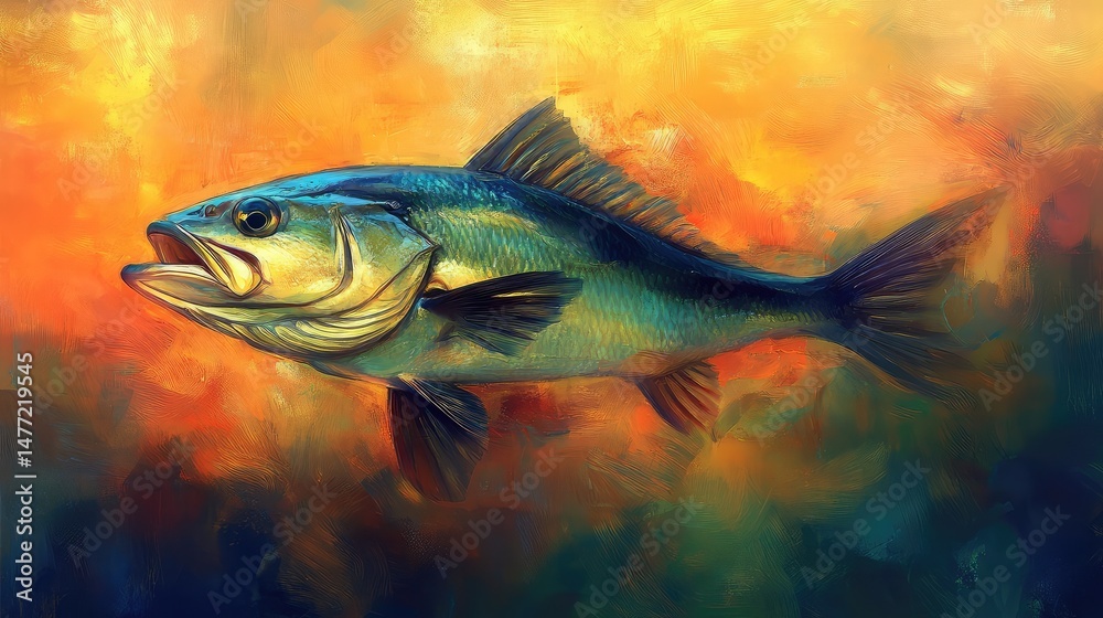 Fototapeta premium Precise image of sea bass with subtle highlights and shadows on orange