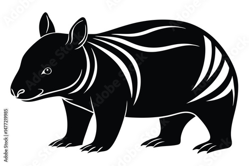 Silhouette Illustration of a Walking Wombat Featuring Striking White Accent Lines on Body