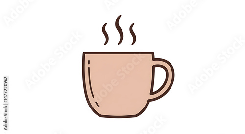 A clean, stylized illustration of a steaming coffee mug with liquid inside, rendered in simple line art and fill color on a pure white background.