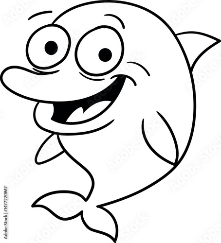  Funny cartoon dolphin coloring book for kids. Contour image of a smiling dolphin with big eyes and a kind expression. A black-and-white illustration for children's creativity and educational tasks.
