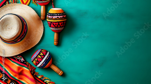 Cinco de mayo holiday background with mexican sombrero, maracas and mexican poncho on a green background. Image with copy space.   photo