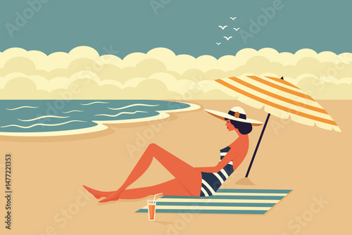 woman on the beach flat vector illustration in mid century modern style.