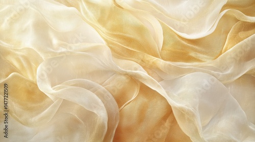 Draped beige and gold sheer fabric with soft folds and texture.