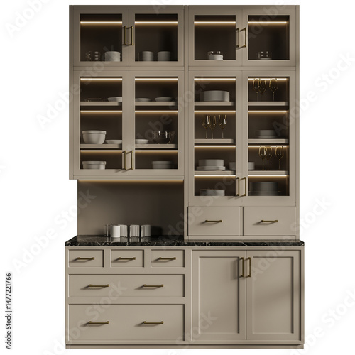 A cabinet with a black countertop and a glass door