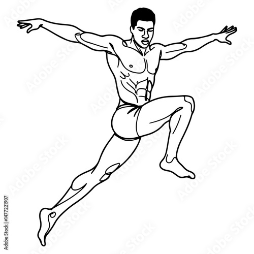 A muscular man leaps with arms outstretched, one knee bent, line art drawing style. vector illustration