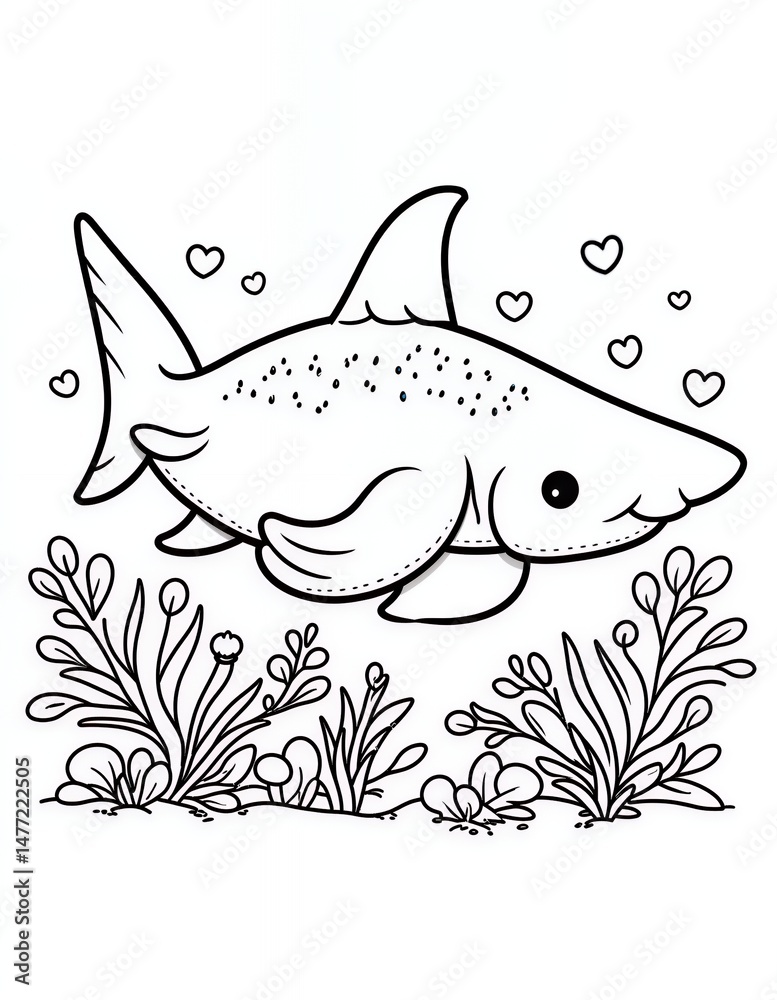Fototapeta premium Cartoon Shark Surrounded by Hearts and Plants in Black and White Outline