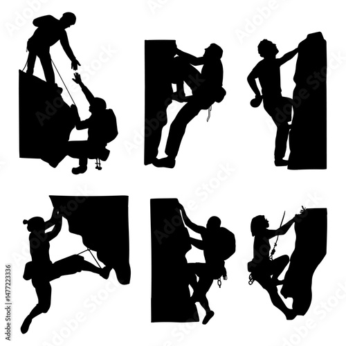 silhouette a man rock climbing collection on white background