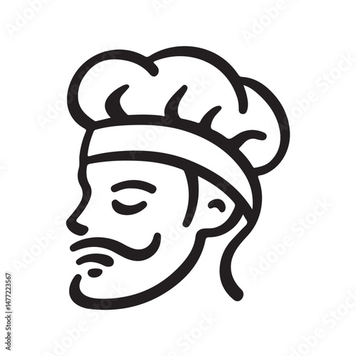 A logo depicting a side view of a chef, with a chef's hat and handlebar mustache