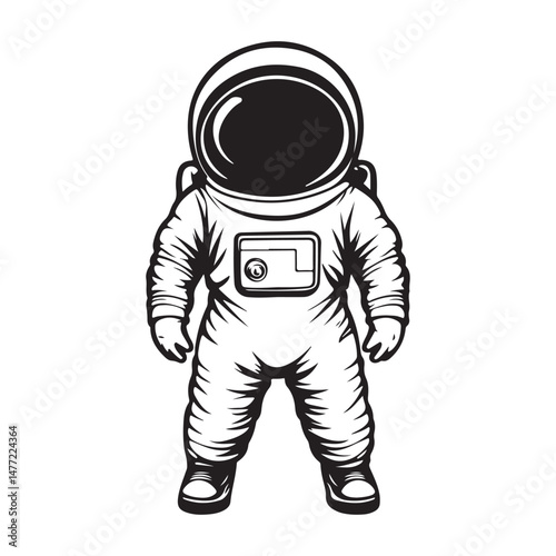 Astronaut in dark space suit, vector illustration. Monochrome graphic design.