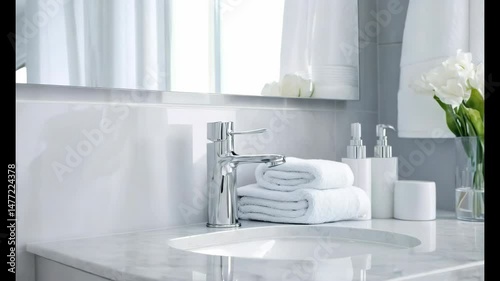 Modern bathroom interior with sink, faucet and folded towels placed on the counter near a sunlit window.