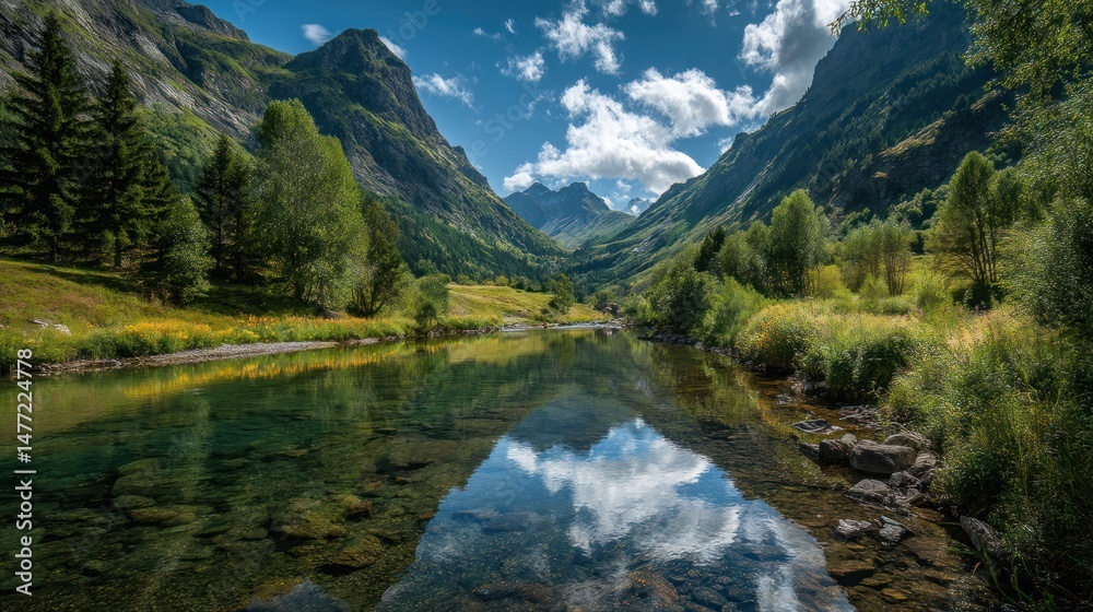 Mountain landscape with trees and a reflective lake under a blue sky. Mountain landscape with trees and a reflective lake under a blue sky.