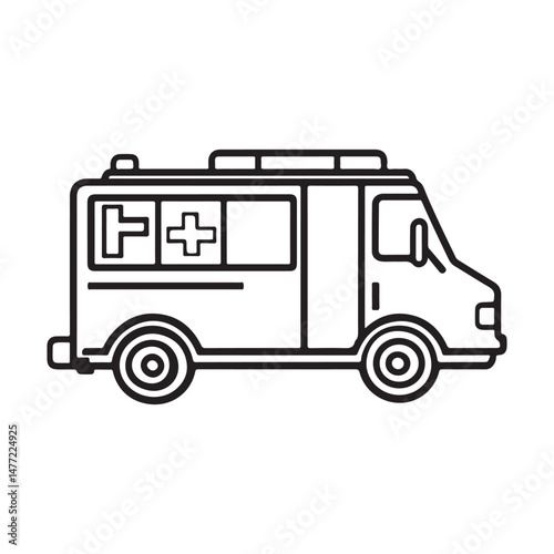 Ambulance vector line art icon. Simple black outline drawing of an emergency medical vehicle.  Clean, minimalist style. Ideal for medical and healthcare design.