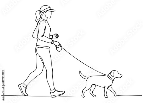 Fitness woman jogging with her dog, wear a cap, continuous line drawing. vector illustration