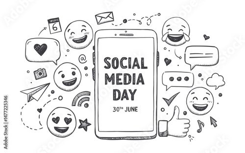 Monochrome doodle art for Social Media Day on a smartphone screen