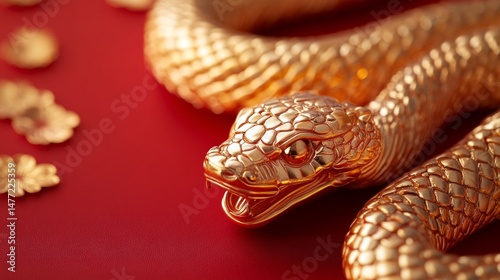 Golden snake on red background with detailed features, coiled body, and decorative gold coins, exuding opulence and elegance.