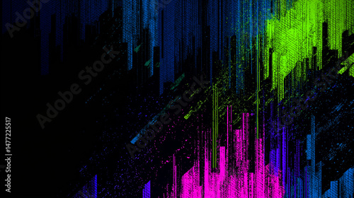 abstract background that emulates a neon glitch effect, incorporating digital noise and distorted lines