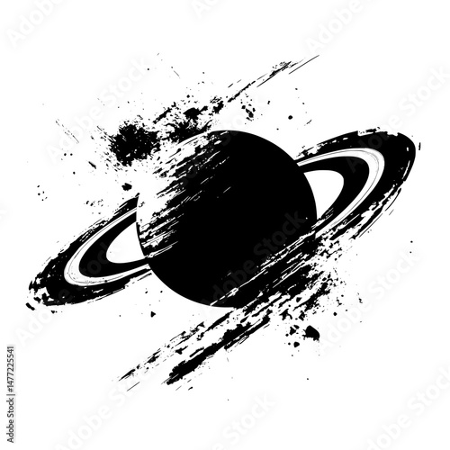Textured space planet icon with curved ring and dynamic splatter style in high-contrast black and white